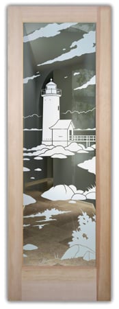 Front Door showcasing a Frosted Glass Oceanic Design with Sandblast Etched Glass Art by Sans Soucie Lighthouse Distant Design