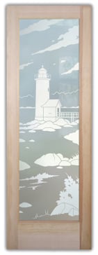 Private Front Door with Sandblast Etched Glass Art by Sans Soucie Featuring Lighthouse Distant Oceanic Design