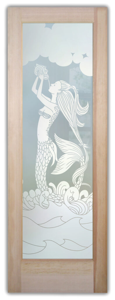 Frosted glass interior door with mermaid silhouette and wave pattern, providing privacy with a simple coastal design