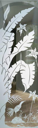 Door Glass Insert featuring a Frosted Glass Tropical Design Sandblast Etched Glass Natural Wonders Design by Sans Soucie