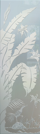 Interior Glass Insert featuring a Frosted Glass Tropical Design Sandblast Etched Glass Natural Wonders Design by Sans Soucie