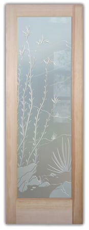 Front Door showcasing a Frosted Glass Desert Design with Sandblast Etched Glass Art by Sans Soucie Ocotillo Design
