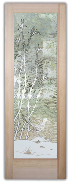Semi-Private Front Door with Sandblast Etched Glass Art by Sans Soucie Featuring Ocotillo Roadrunner Desert Design