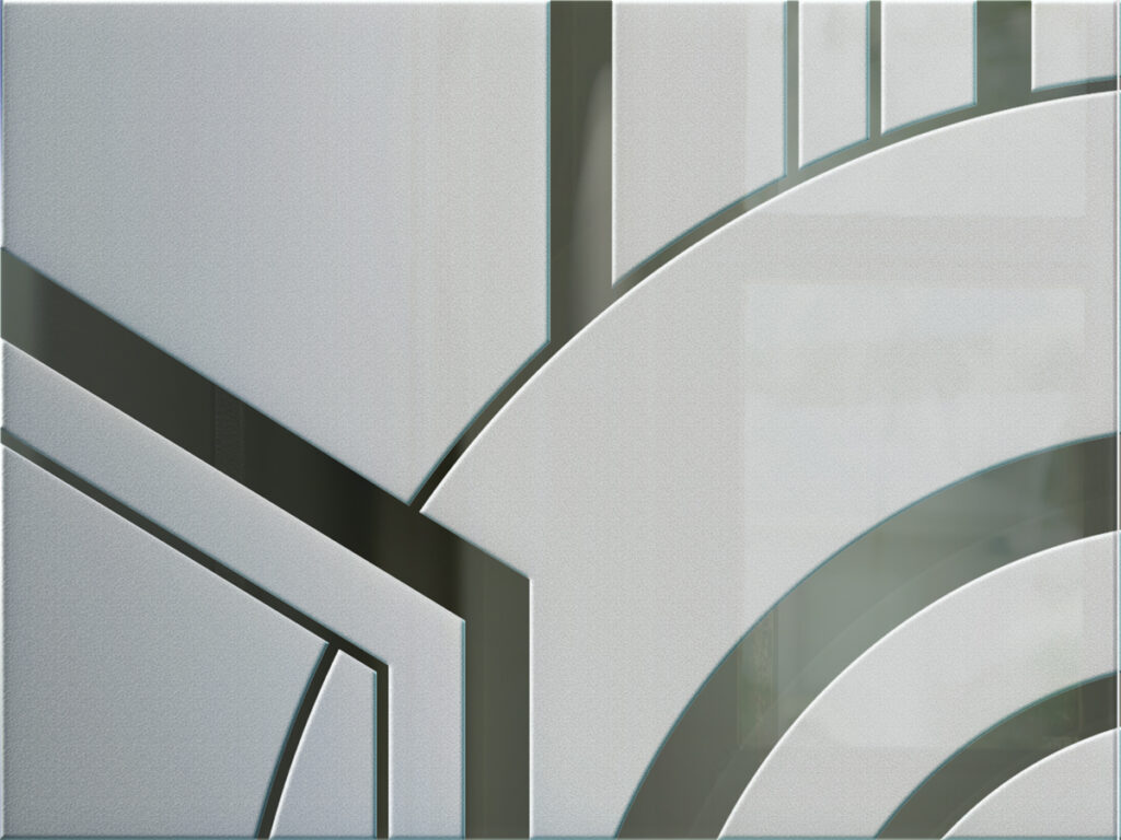 Close-up of Sun Odyssey design on 3D etched glass with moderate privacy and geometric sunburst lines.