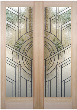 Art Glass Interior Door Featuring Sandblast Frosted Glass by Sans Soucie for Semi-Private with Geometric Sun Odyssey VIII Design
