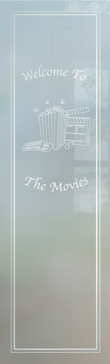 Art Glass Entry Insert Featuring Sandblast Frosted Glass by Sans Soucie for Private with Whimsical Movie & Popcorn Design
