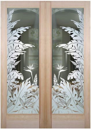 Front Door with a sandblast Frosted Glass Tropical Design Custom-Designed Decorative Etched Glass