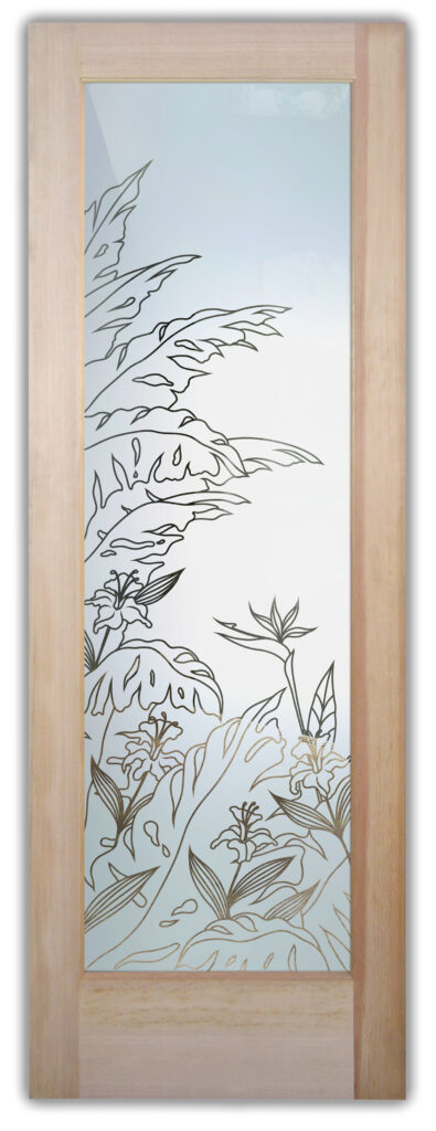 Frosted glass interior door with tropical foliage outlined in fine pinstripe detail, creating a subtle coastal design with enhanced privacy