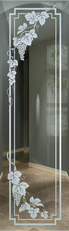 Interior Glass Insert featuring a Frosted Glass Grapes & Ivy Design Sandblast Etched Glass Vineyard Grapes Cascade Pair Design by Sans Soucie