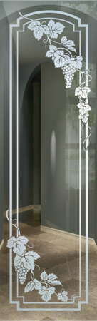 Interior Glass Insert featuring a Frosted Glass Grapes & Ivy Design Sandblast Etched Glass Vineyard Grapes Cascade Arched stepped corners Design by Sans Soucie