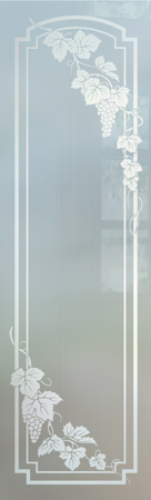 Door Glass Insert featuring a Frosted Glass Grapes & Ivy Design Sandblast Etched Glass Vineyard Grapes Cascade Arched stepped corners Design by Sans Soucie