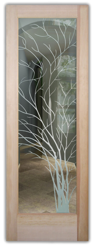 Interior office doors with glass accented by a frosted wispy tree design for a modern, artistic style.