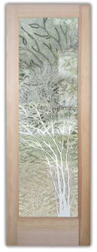 Art Glass Front Door Featuring Sandblast Frosted Glass by Sans Soucie for Semi-Private with Trees Wispy Tree Design