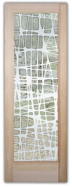 Handcrafted Etched Glass Front Door by Sans Soucie Art Glass with Custom Geometric Design Called Woven Creating Semi-Private