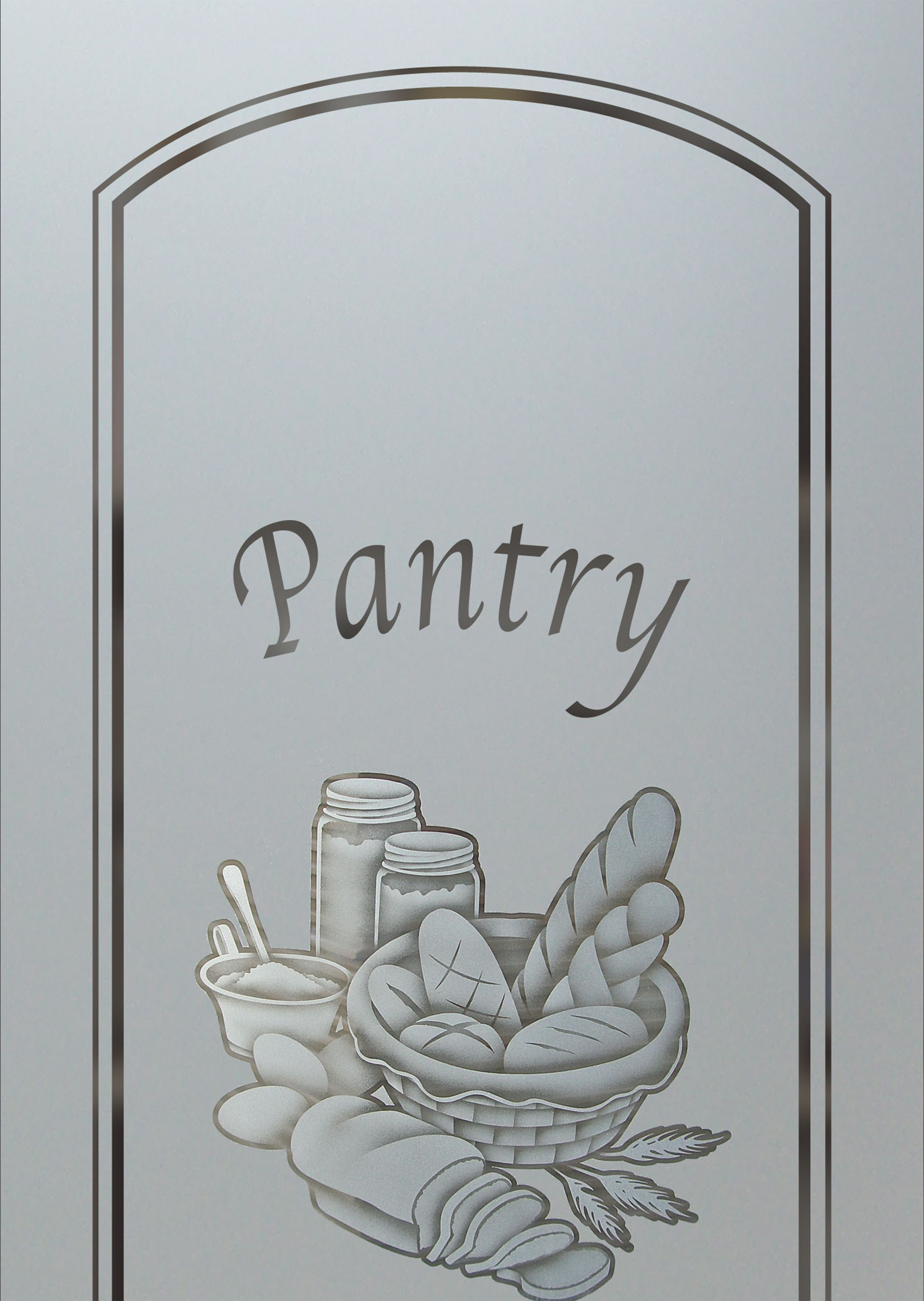 Close-up view of Bread Basket pantry door frosted glass design.