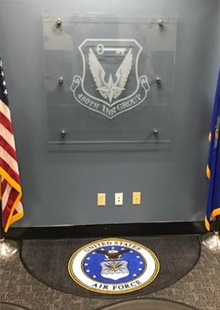 Glass Sign featuring a Frosted Glass Logos Design Sandblast Etched Glass 480th ISR Group (similar look) Design by Sans Soucie
