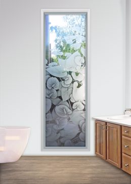 Art Glass Window Featuring Sandblast Frosted Glass by Sans Soucie for Semi-Private with Tropical Anthurium Design