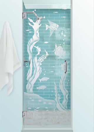 Shower Door featuring a Frosted Glass Oceanic Design Sandblast Etched Glass Aquarium Fish Design by Sans Soucie