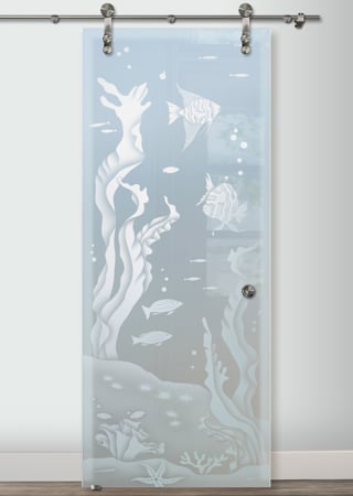 Glass Barn Door featuring a Frosted Glass Oceanic Design Sandblast Etched Glass Aquarium Fish Design by Sans Soucie