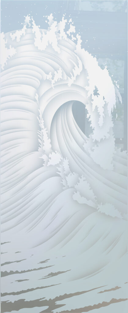Close-up of Curl wave design on 2D frosted glass with privacy and shaded sandblasted surf detail.