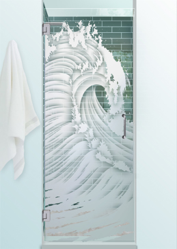 Art Glass Shower Door Featuring Sandblast Frosted Glass by Sans Soucie for Not Private with Oceanic Curl Design
