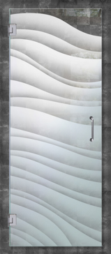 Not Private Shower Door with Sandblast Etched Glass Art by Sans Soucie Featuring Dreamy Waves Abstract Design