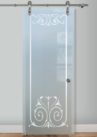 Glass Barn Door featuring a Frosted Glass Traditional Design Sandblast Etched Glass Elegant Design by Sans Soucie
