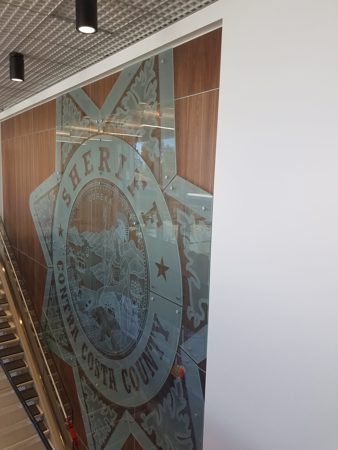 Glass Sign with Frosted Glass Logos Contra Costa County Sheriff Design by Sans Soucie