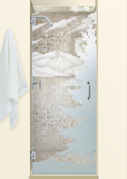 Art Glass Shower Door Featuring Sandblast Frosted Glass by Sans Soucie for Semi-Private with Trees Lake Arrowhead Design