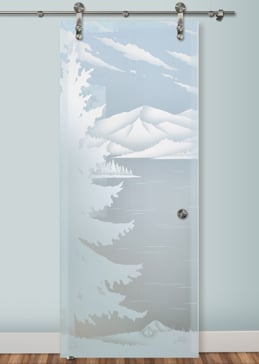 Art Glass Sliding Glass Barn Door Featuring Sandblast Frosted Glass by Sans Soucie for Private with Trees Lake Arrowhead Design