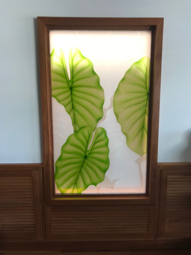Handmade Sandblasted Frosted Glass Window for Private Featuring a Tropical Design Rain Forest Leaves by Sans Soucie