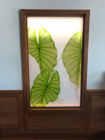 Window featuring a Frosted Glass Tropical Design Sandblast Etched Glass Rain Forest Leaves Design by Sans Soucie