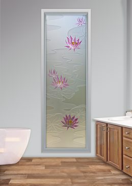 Handmade Sandblasted Frosted Glass Window for Semi-Private Featuring a Floral Design Lily Pads & Lotus by Sans Soucie