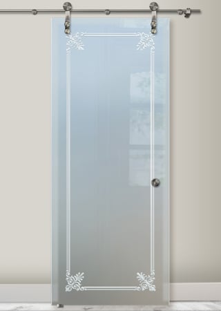 Glass Barn Door featuring a Frosted Glass Traditional Design Sandblast Etched Glass Rochelle Design by Sans Soucie