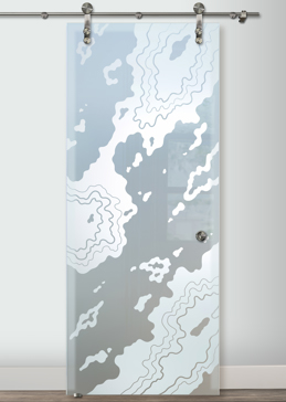 Art Glass Sliding Glass Barn Door Featuring Sandblast Frosted Glass by Sans Soucie for Private with Abstract Amoeba Design