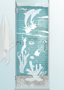 Handcrafted Etched Glass Shower Door by Sans Soucie Art Glass with Custom Oceanic Design Called Aquarium Dolphins Creating Not Private