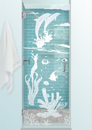 Shower Door featuring Frosted Glass Design Etched Glass by Sans Soucie Art Glass with Custom Oceanic Design Aquarium Dolphins