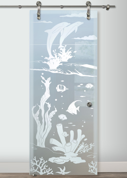 Handcrafted Etched Glass Sliding Glass Barn Door by Sans Soucie Art Glass with Custom Oceanic Design Called Aquarium Dolphins Creating Private