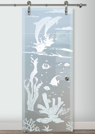 Glass Barn Door featuring Frosted Glass Design Etched Glass by Sans Soucie Art Glass with Custom Oceanic Design Aquarium Dolphins