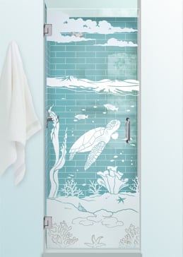 Shower Door with Frosted Glass Oceanic Aquarium Sea Turtle Design by Sans Soucie
