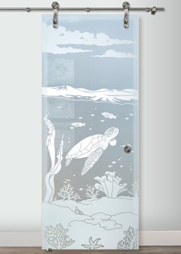 Sliding Glass Barn Door with Frosted Glass Oceanic Aquarium Sea Turtle Design by Sans Soucie