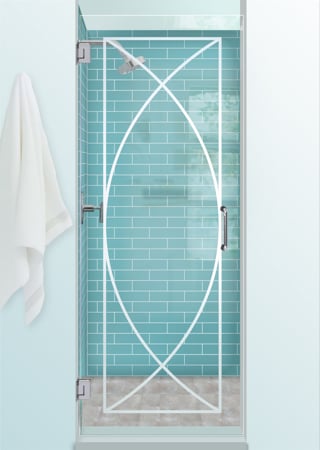 Shower Door showcasing a Frosted Glass Geometric Design with Sandblast Etched Glass Art by Sans Soucie Arcs Design