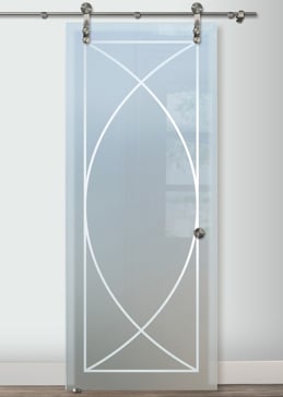 Private Sliding Glass Barn Door with Sandblast Etched Glass Art by Sans Soucie Featuring Arcs Geometric Design
