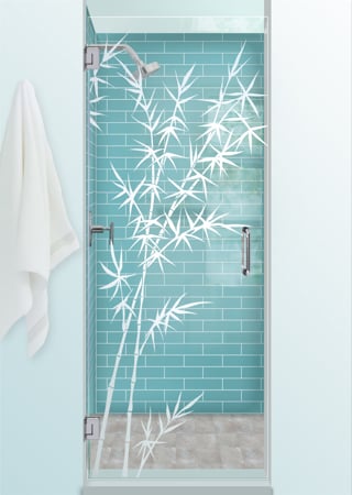 Shower Door with a Frosted Glass Bamboo Forest Asian Design for Semi-Private by Sans Soucie Art Glass
