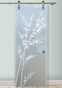Sliding Glass Barn Door with a Frosted Glass Bamboo Forest Asian Design for Private by Sans Soucie Art Glass
