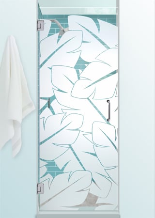 Shower Door featuring a Frosted Glass Tropical Design Sandblast Etched Glass Banana Leaves Design by Sans Soucie