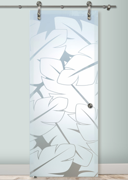 Handmade Sandblasted Frosted Glass Sliding Glass Barn Door for Private Featuring a Tropical Design Banana Leaves by Sans Soucie