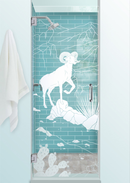 Handmade Sandblasted Frosted Glass Shower Door for Not Private Featuring a Wildlife Design Bighorn by Sans Soucie