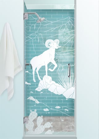 Shower Door featuring a Frosted Glass Wildlife Design Sandblast Etched Glass Bighorn Design by Sans Soucie