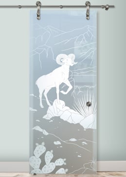 Handmade Sandblasted Frosted Glass Sliding Glass Barn Door for Private Featuring a Wildlife Design Bighorn by Sans Soucie